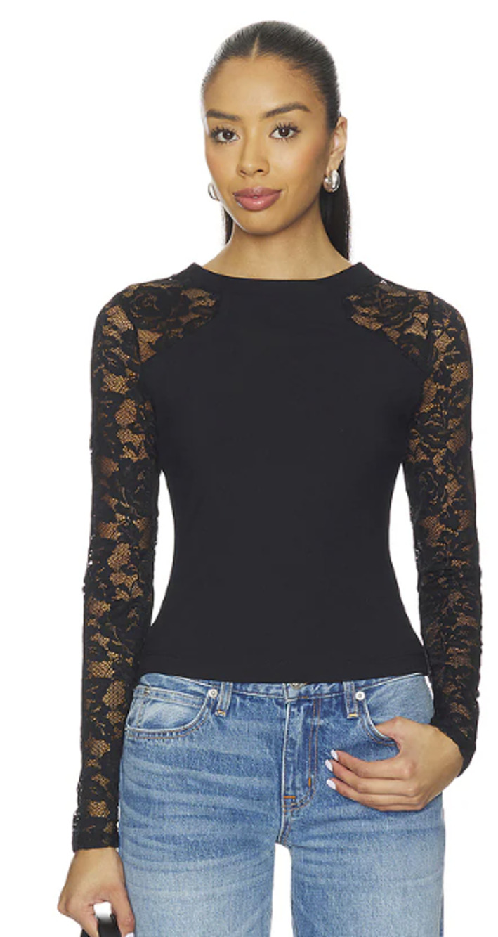 Intimately Free People Womens Small Black No Excuses Lace Long Sleeve Tee OS6-20